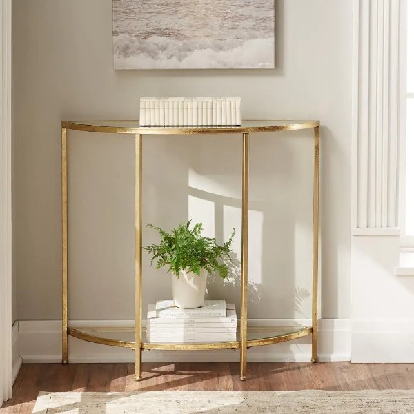 Bella 32 in. Gold Leaf/Clear Standard Half Moon Glass Console Table with Storage