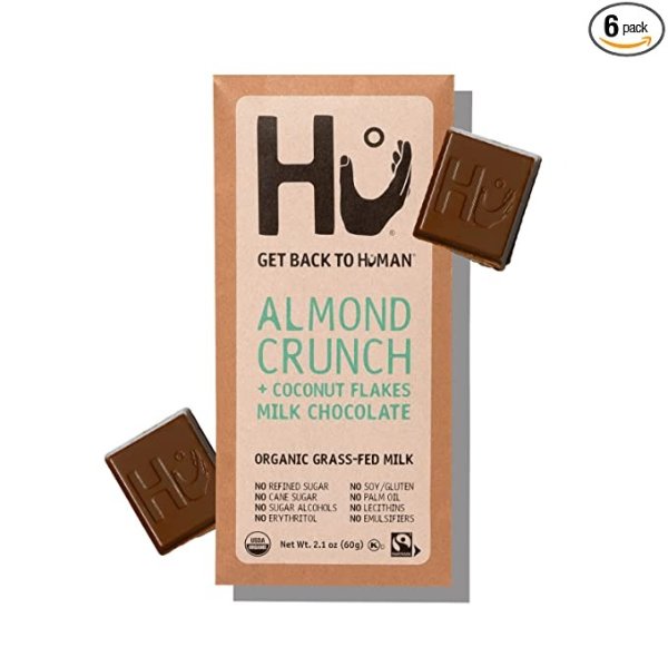 Hu Grass-Fed Milk Chocolate Bars Almond Coconut Crunch | Natural Ingredients, Organic Milk, Gluten Free, Paleo, Non GMO, Fair Trade Delicious Chocolate | 6 Pack | 2.1oz Each