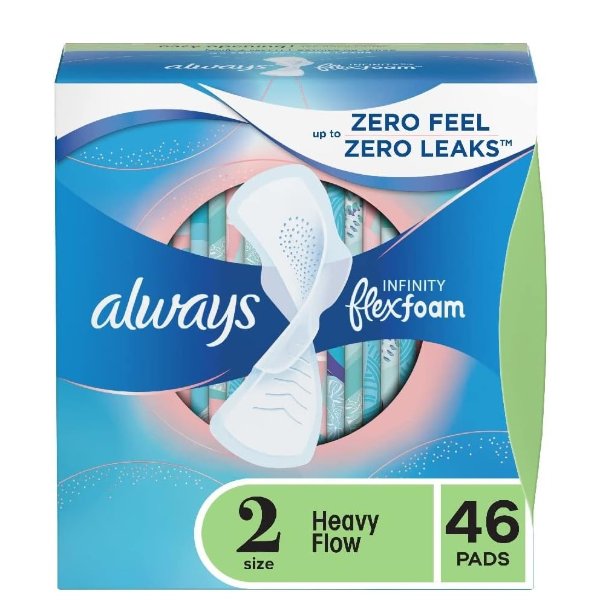 Infinity Feminine Pads for Women, Size 2 Regular, with wings, unscented, 46 Count