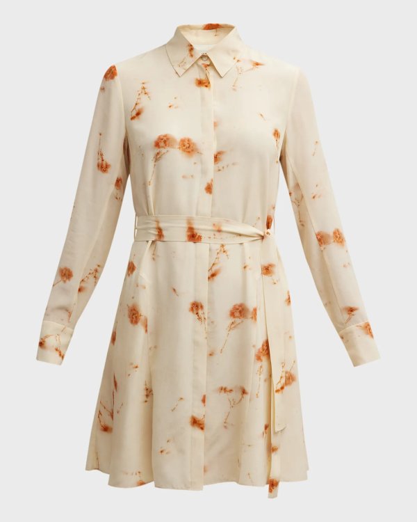Belted Floral-Print Silk Shirtdress