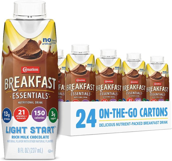 Carnation Breakfast Essentials Light Start Rich Milk Chocolate, 8 Fl Oz Carton (Pack of 24)