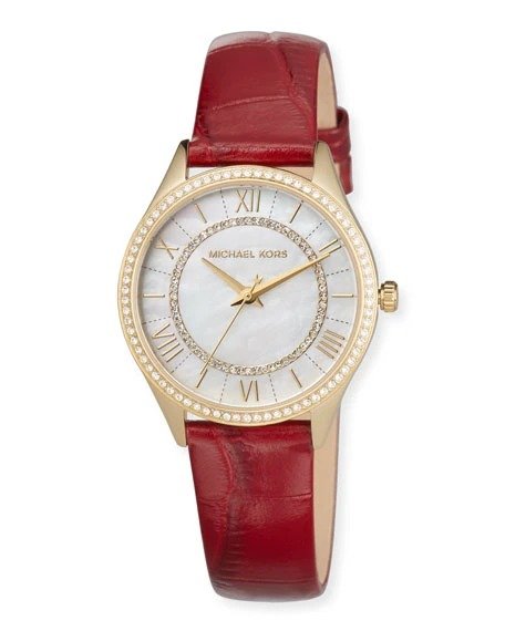 33mm Mini Lauryn Crystal Watch with Leather Strap Red