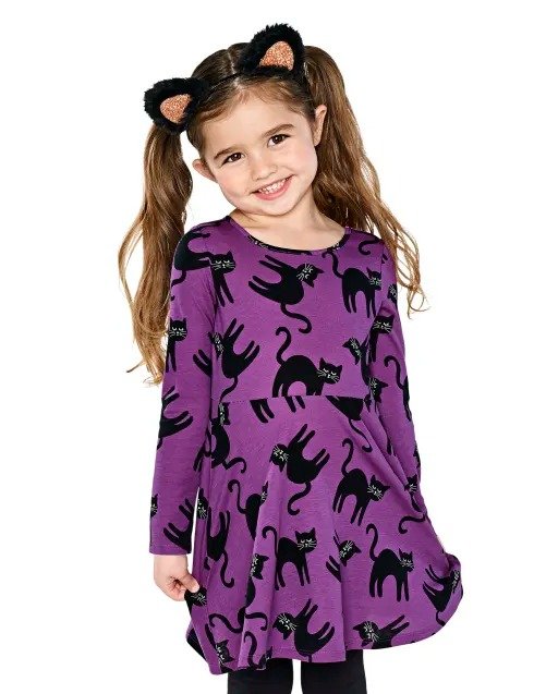 Baby And Toddler Girls Long Sleeve Halloween Cat Print Knit Skater Dress | The Children's Place