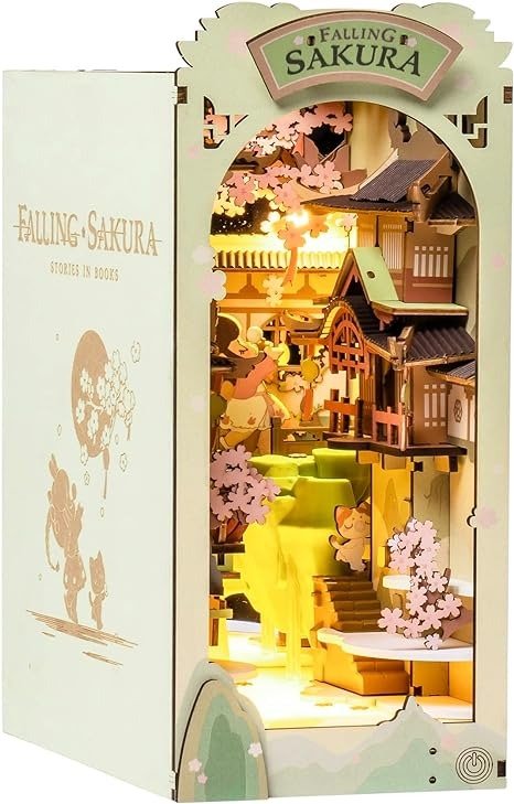 DIY Book Nook Kits Falling Sakura, 3D Creative Bookend Miniature Book Nook Decorative Bookend Bookshelf Insert 3D Puzzle for Adults, DIY Crafts/Gift/Home Decor for Teens&Adults(Falling Sakura)