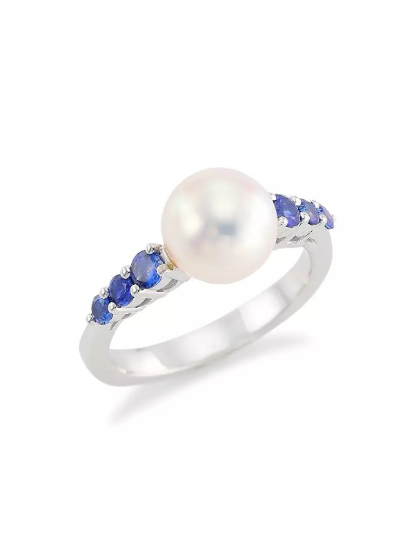 18K White Gold, 8MM Cultured Akoya Pearl & Blue Sapphire Ring