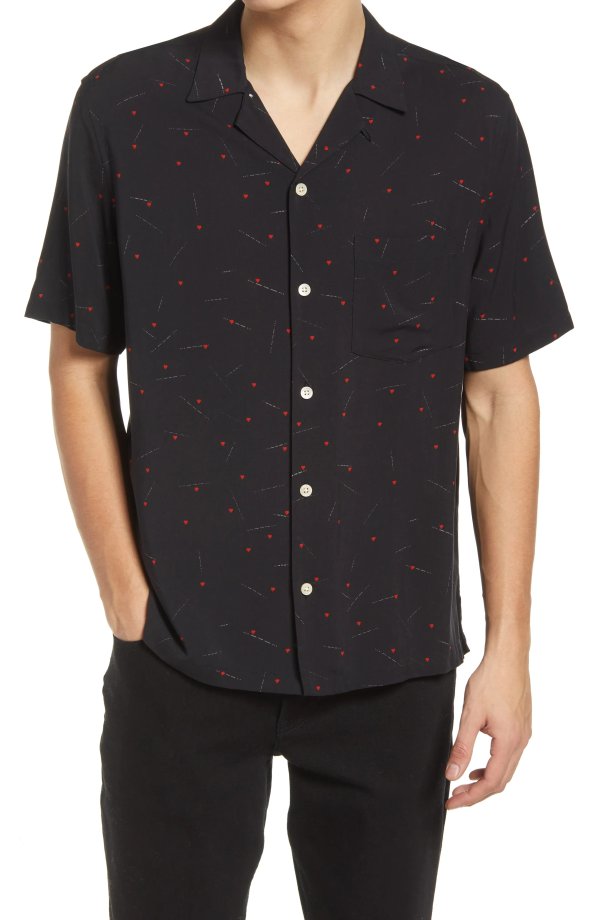 Morse Relaxed Fit Heart Print Short Sleeve Button-Up Camp Shirt