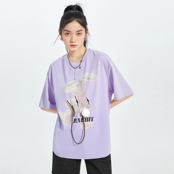 Purple Cute Rabbit Pattern Loose T-shirt | Peacebird Women Fashion
