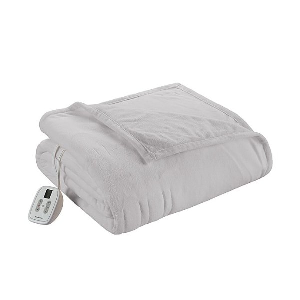 Brookstone® Heated Microfleece Queen Blanket in Light Grey | Bed Bath & Beyond