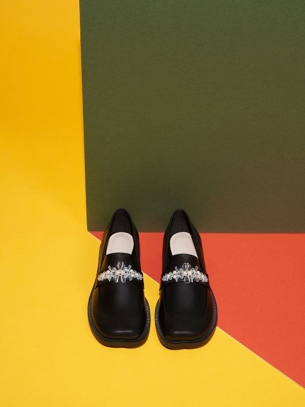Black Bead-Embellished Penny Loafers | CHARLES &amp; KEITH