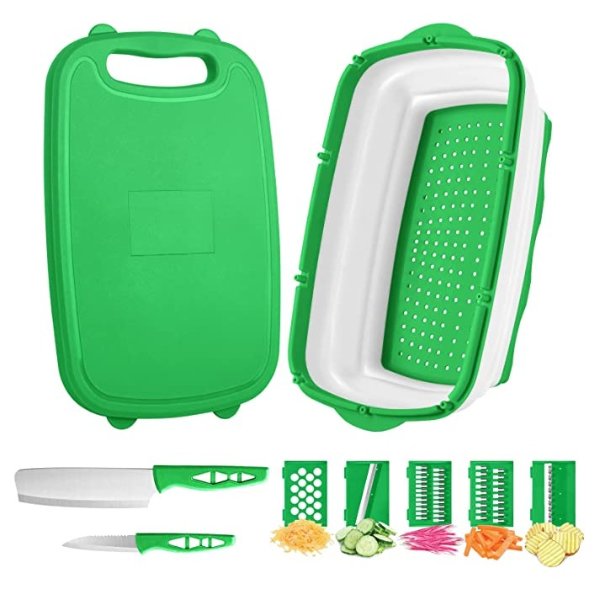 Camping Cutting Board, 9-in-1 Collapsible Cutting Board,Multifunctional Chopping Board with Colander, Kitchen Vegetable Washing Basket Silicone Dish Tub for BBQ Prep/Picnic/Camping（Green）