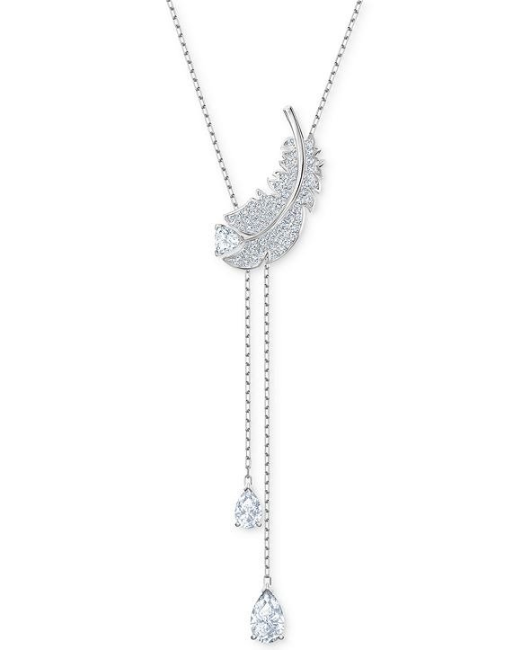 Silver-Tone Crystal Feather Lariat Necklace, 14-7/8" + 2" extender