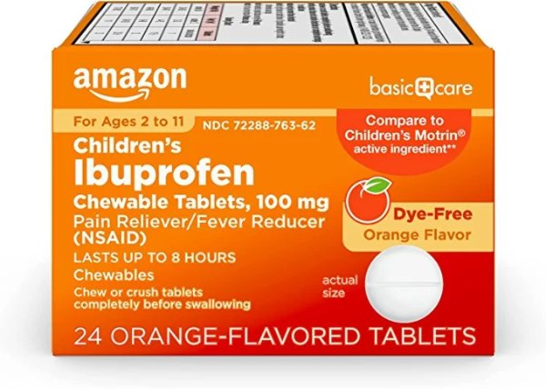 Amazon Basic Care Children’s Ibuprofen Chewable Tablets, 100 mg, Orange Flavor, Pain Reliever and Fever Reducer, 24 Count