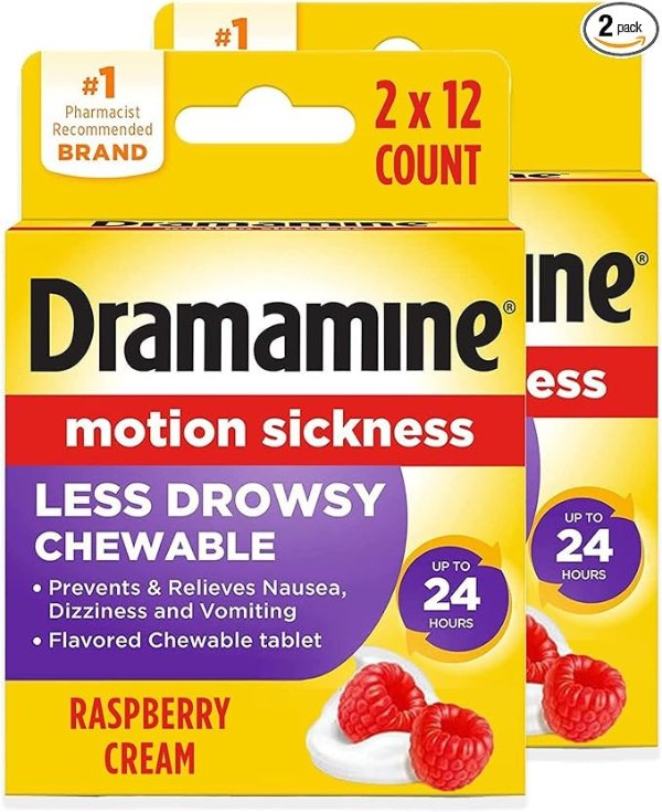 All Day Less Drowsy Motion Sickness Relief, Raspberry Cream Flavor, 12 Chewable Tablets, Pack of 2