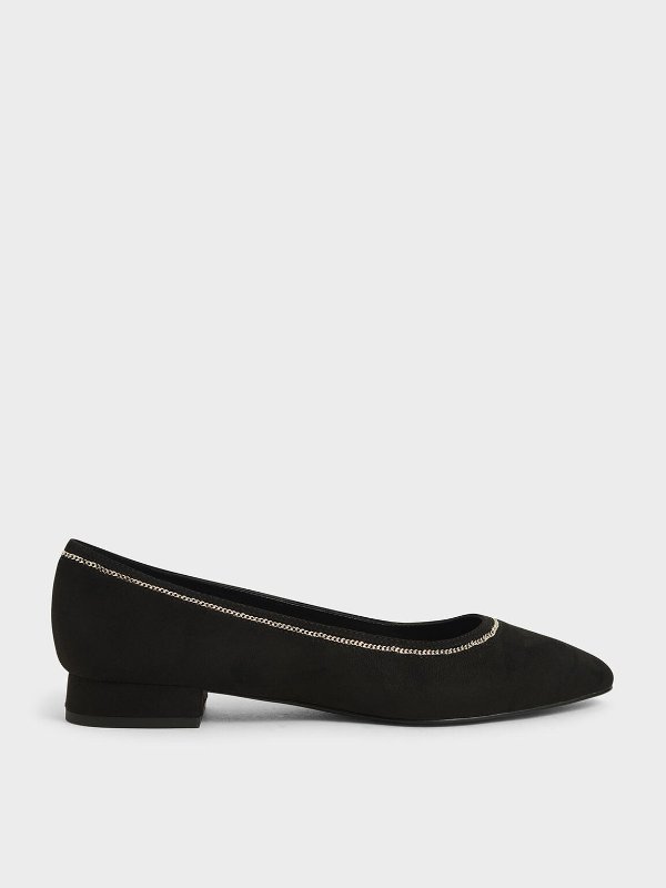 Black Textured Chain Embellished Ballerina Flats | CHARLES &amp; KEITH