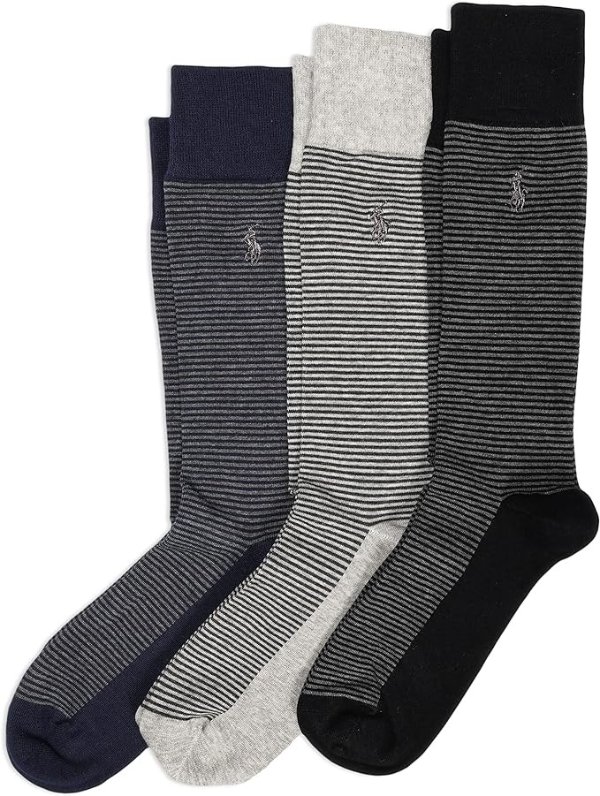 POLO RALPH LAUREN Men's Feeder Stripe Casual Crew Socks-3 Pair Pack-Lightweight Cotton Comfort