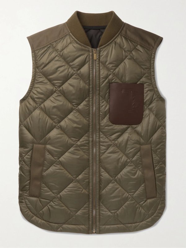 Leather-Trimmed Padded Quilted Shell and Poplin Gilet