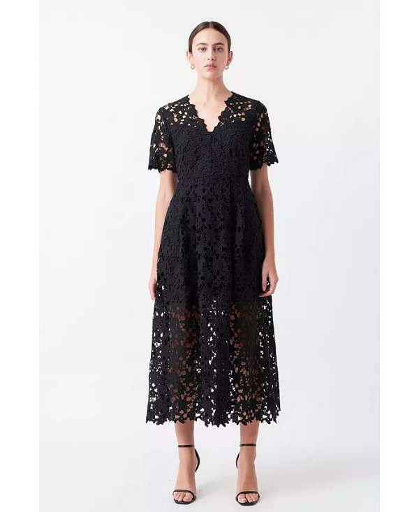 Women's All Over Lace Short Sleeves Midi Dress, Created for Macy's