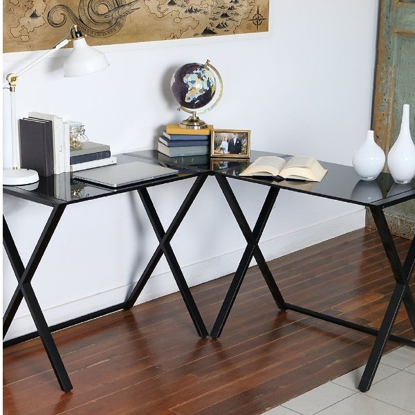 Black Glass-Top Corner Desk