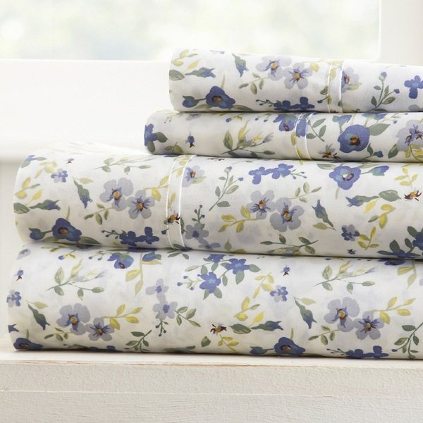 The Home Spun Premium Ultra Soft Blossoms Pattern 4-Piece Queen Bed Sheet Set - Light Blue