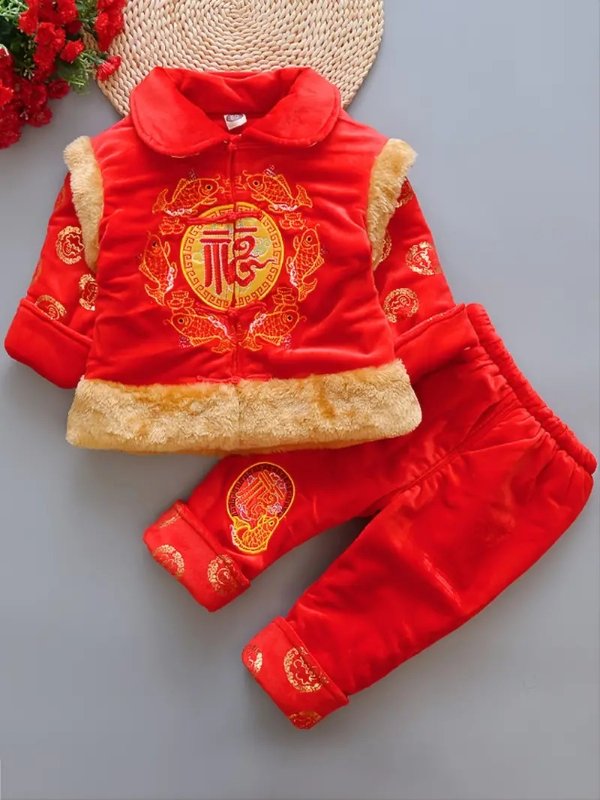 Boys Cute Chinese Style Tang Dynasty Suits, Fleece Thermal Thickened Embroidered Top & Pants Set For Winter Chinese New Year Party Hanfu (Chinese Size, Please Check The Size Guide Carefully)
