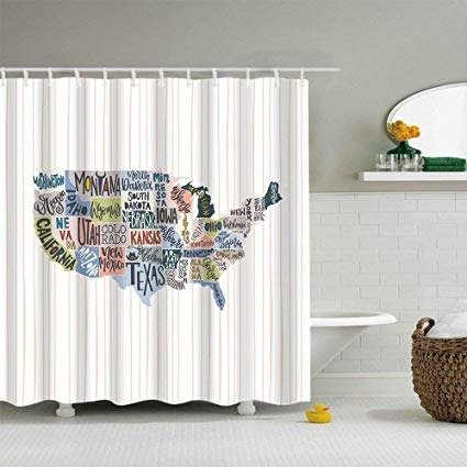 Art Map of Unite States Decor Shower Curtain Fabric,White Art 3D Art Printing Art Bath Shower Curtain,Polyester Waterproof Bathroom Accessories with Hooks,72x72 Inch,White