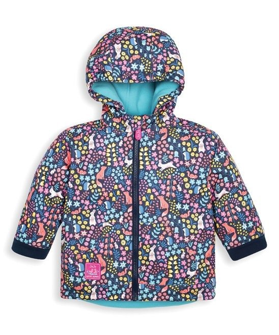 Navy Floral Fox & Teal Reversible Fleece-Lined Raincoat - Infant & Toddler