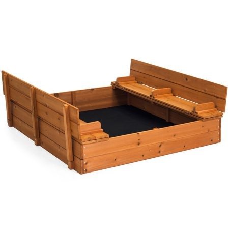 Best Choice Products 47x47in Kids Large Square Wooden Outdoor Play Cedar Sandbox w/ Sand Screen, 2 Foldable Bench Seats - Brown
