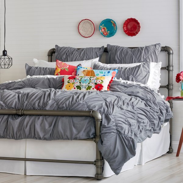 Ruched Chevron Duvet Cover, Grey