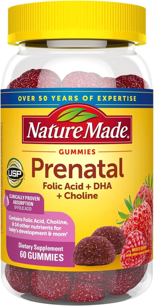 Prenatal Gummy Vitamins with DHA + Folic Acid + Choline, 60 Ct, Clinically Proven Absorption of Folic Acid, Good Source of Choline, to Support Baby Development and Mom