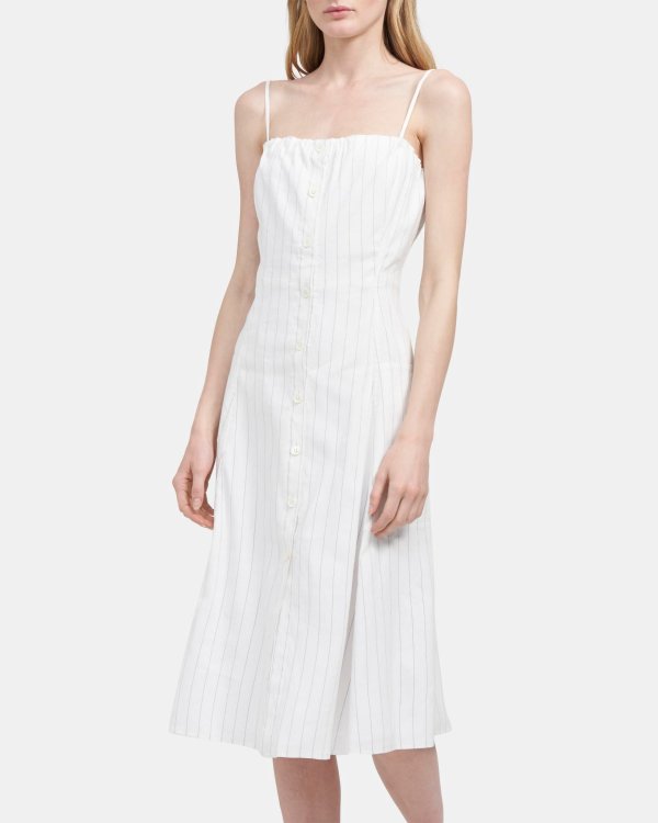 Button-Front Dress in Striped Linen