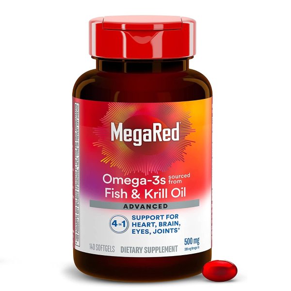 Omega 3 Fish Oil Supplement + Krill Oil 500mg, MegaRed Advanced 4in1 EPA & DHA Omega 3 Fatty Acid Softgels (140cnt bottle), Phospholipids, Supports Brain Eye Joint & Heart Health
