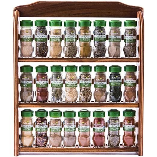 Three Tier Wood 24 Piece Organic Spice Rack (Spices Included, 3 Spice Rack Shelves, 24 Herbs & Spices), 27.6 oz