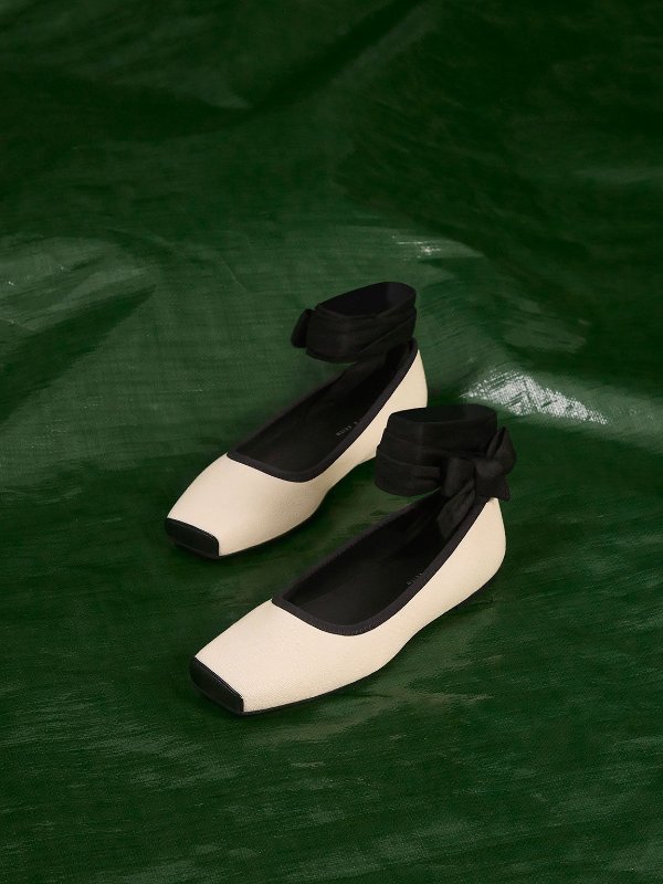 Black Textured Tie-Around Canvas Ballerina Flats | CHARLES & KEITH