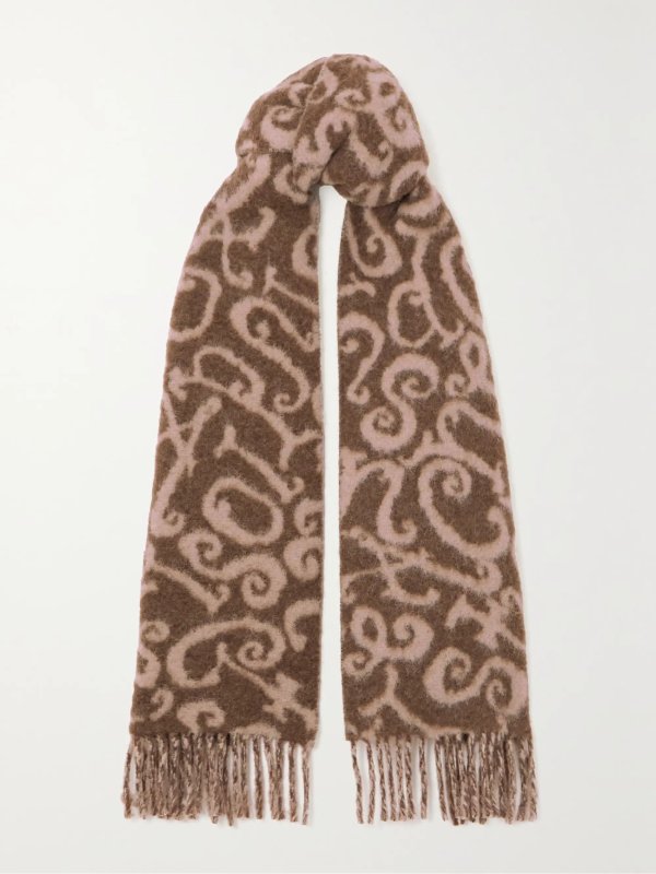 Fringed jacquard-knit scarf