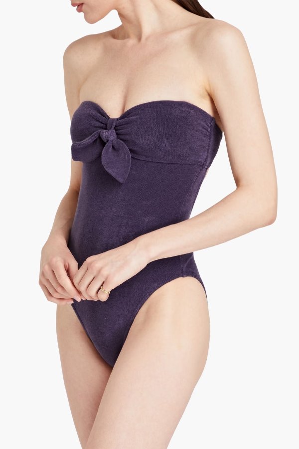 Bow-embellished cotton-terry bandeau swimsuit