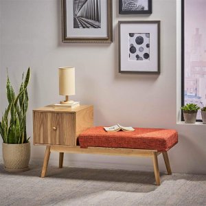 Noble House Ilya Mid-Century Modern Red Heathered Fabric and Natural Faux Wood Storage Bench