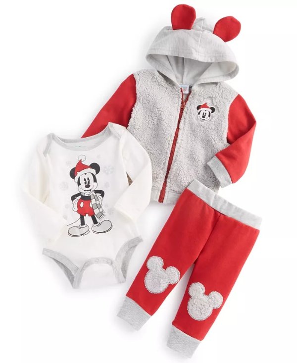 Baby Boys Mickey Mouse Holiday Cozy Jacket, Bodysuit and Joggers Outfit, 3 Piece Set