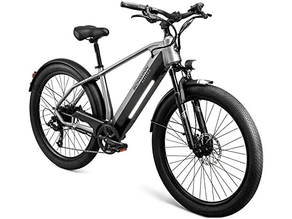 Coston CE Adult Electric Hybrid Bike, Small/Medium Step-Over Frame, 7-Speed, 27.5 Inch Tires, 20-Inch Aluminum Frame, Matte Charcoal