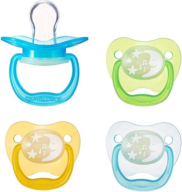 Amazon Brand - Mama Bear Glow-in-the-Dark Baby Pacifier, Stage 1 (0-6M), BPA Free, Assorted Colors (Pack of 4)