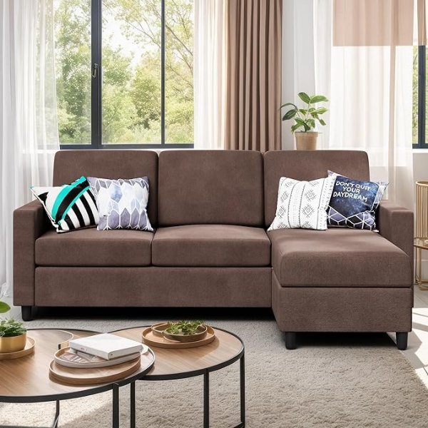 Convertible Sectional Sofa Couch, Modern Linen Fabric L-Shaped , 3-Seat Sofa Sectional with Reversible Chaise for Small Living Room, Apartment and Small Space (Chocolate)