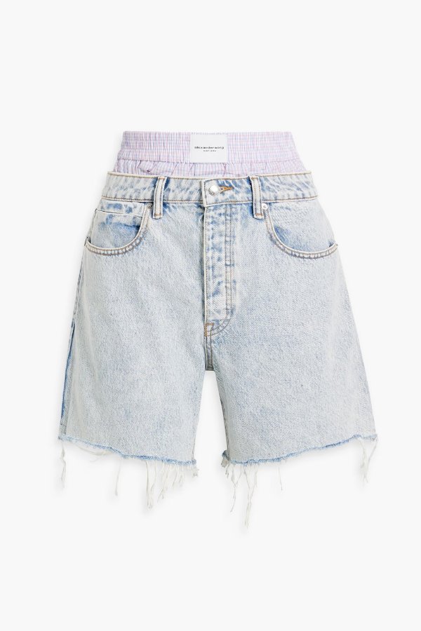 Layered checked cotton and denim shorts