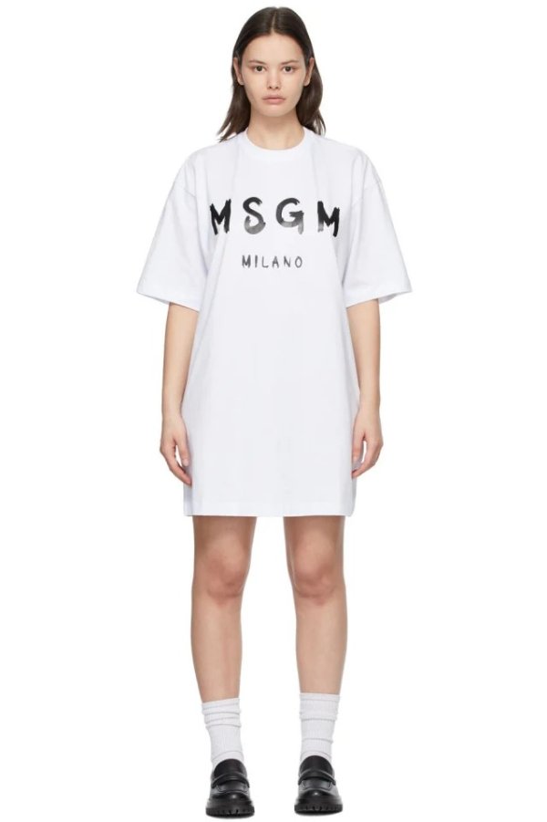 White 'Milano' Brush Logo Dress