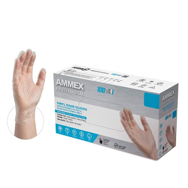 AMMEX Medical Clear Vinyl Gloves, Box of 100, Size Large