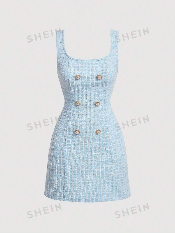 MOD Double Breasted Detail Plaid Tweed Dress Without Blouse |USA