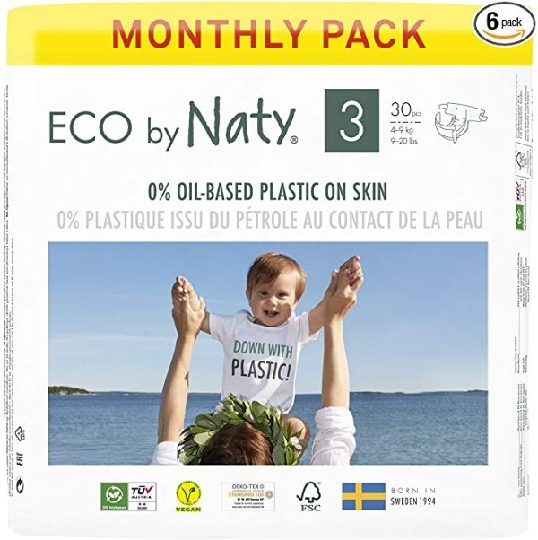 by Naty Baby Diapers, Size 3, 180 Ct, Plant-based with 0% Oil Plastic on Skin, One Month Supply