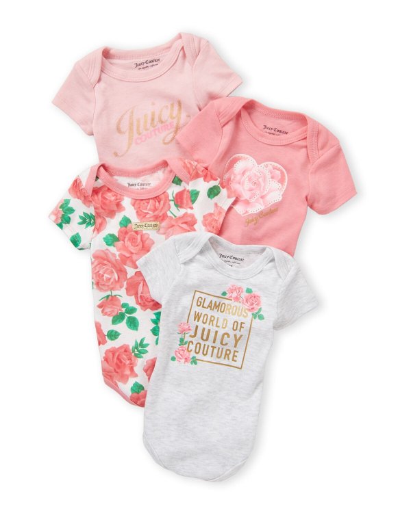 (Newborn Girls) 4-Pack Rose Print Bodysuits