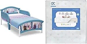 Delta Children Plastic Toddler Bed, Disney Frozen II Twinkle Galaxy Dual Sided Recycled Fiber Core Toddler Mattress (Bundle)