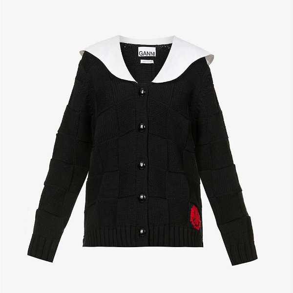 Collared cotton-blend knit cardigan