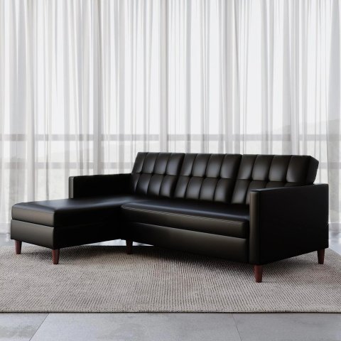 Ember Interiors Hartford Storage Sectional Futon With Chaise, Black Faux Leather