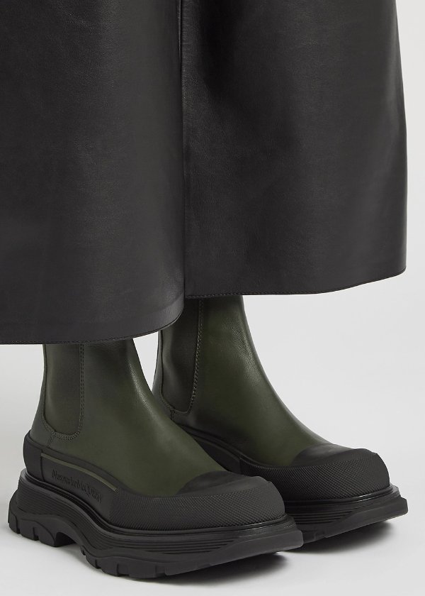 Tread army green leather Chelsea boots